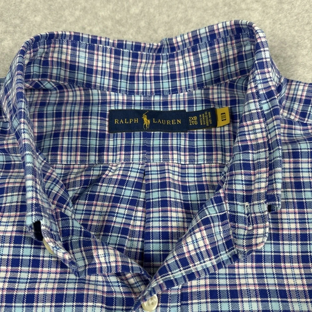 Ralph Lauren Men's 2XB Blue‎ Plaid Short Sleeve Button Down Pocket Shirt Casual